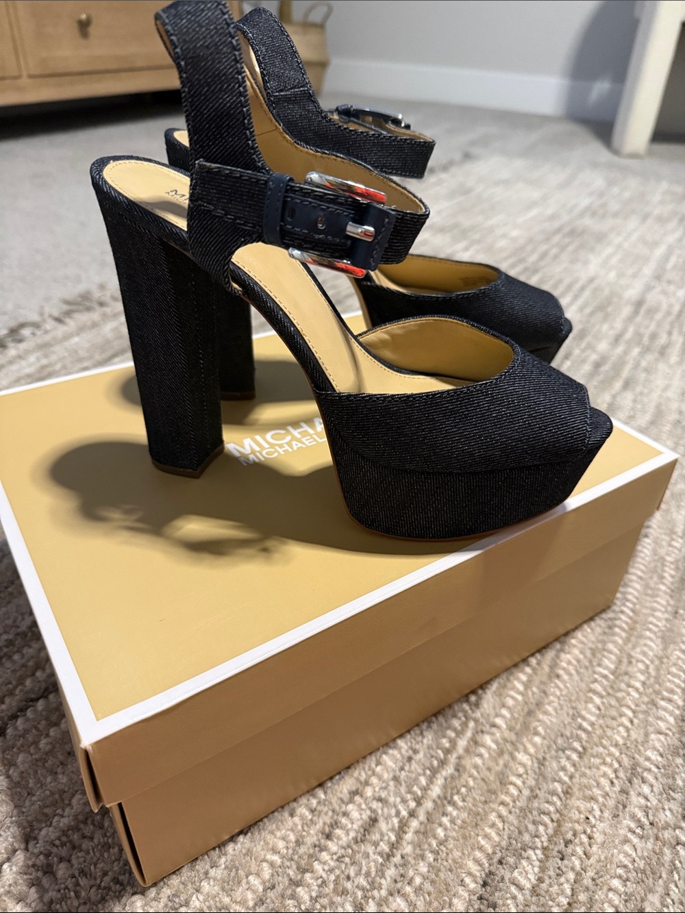 MICHAEL Michael Kors Blue Denim Platform Block Heel Sandals
